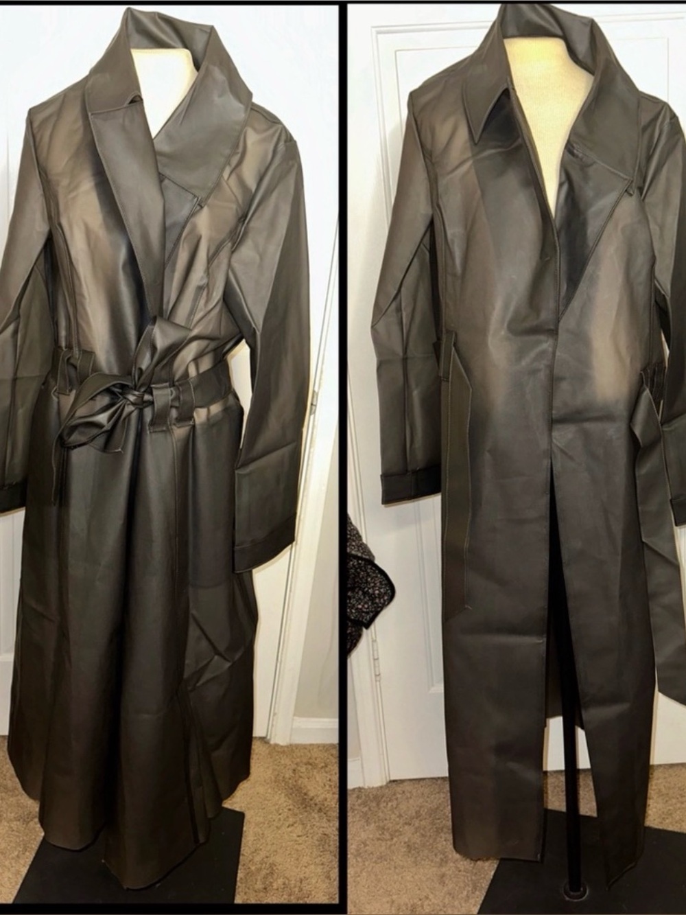 Dolls Kill Black Transparent Leather Trench Coat with Waist Tie